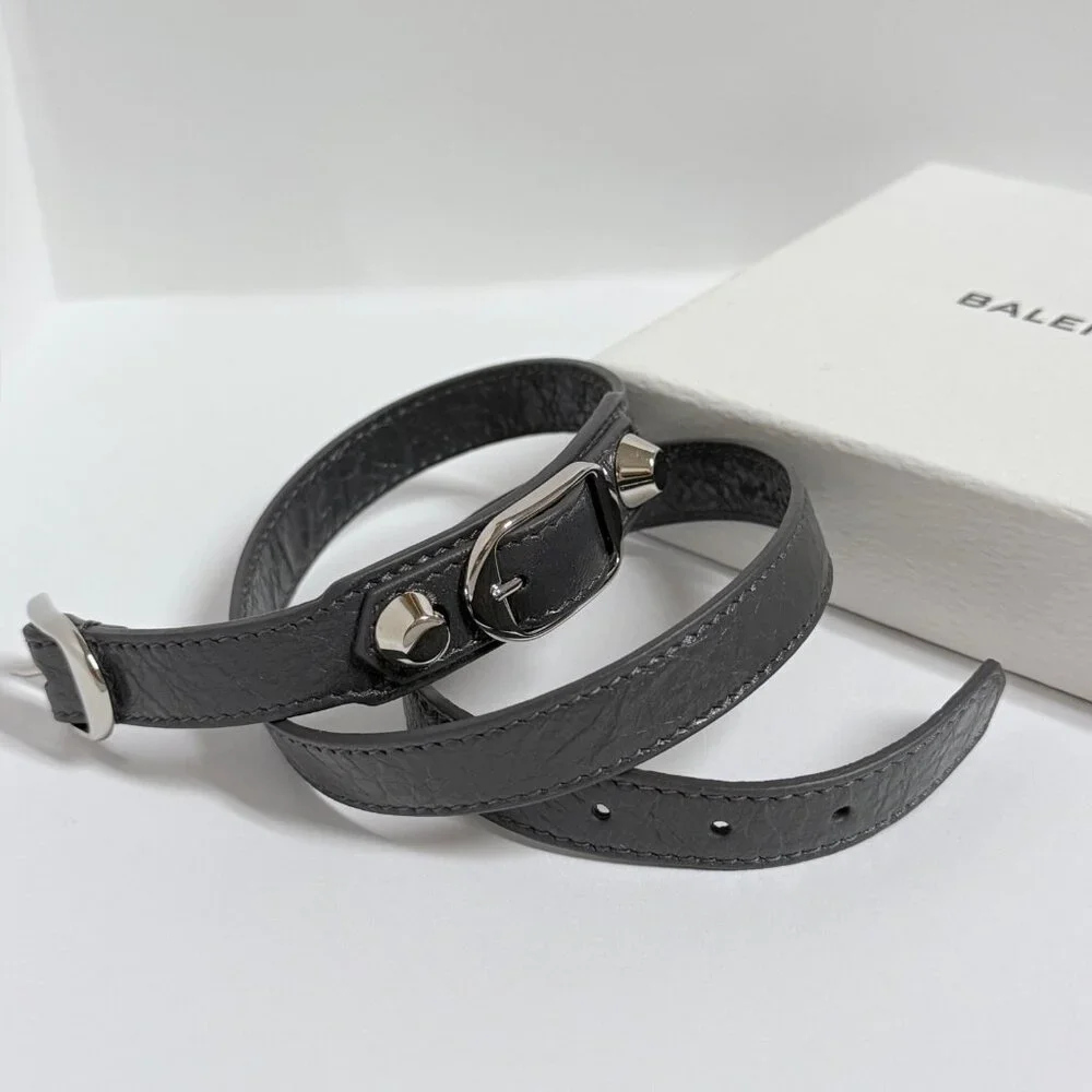 Balenciaga Black Leather Double-Wrap Bracelet with Silver Hardware - Picture 2 of 8